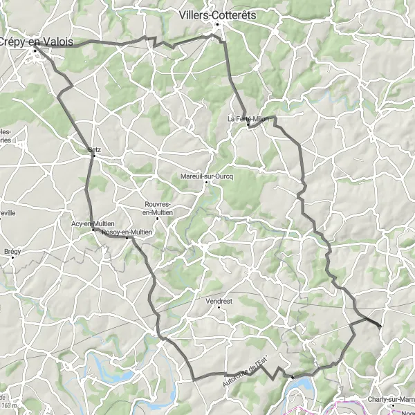Miniature de la carte de l'inspiration cycliste "Parcours Road de Coyolles à Rosoy-en-Multien" dans la Picardie, France. Générée par le planificateur d'itinéraire cycliste Tarmacs.app