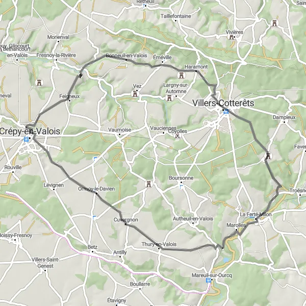 Map miniature of "Discover Valois by Road" cycling inspiration in Picardie, France. Generated by Tarmacs.app cycling route planner