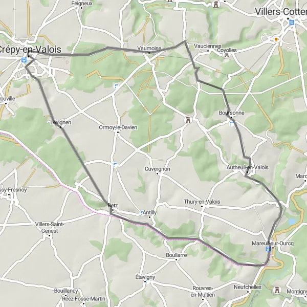 Miniature de la carte de l'inspiration cycliste "Boucle vers Lévignen et Mareuil-sur-Ourcq" dans la Picardie, France. Générée par le planificateur d'itinéraire cycliste Tarmacs.app