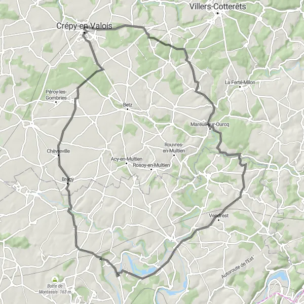 Miniature de la carte de l'inspiration cycliste "Boucle vers Mareuil-sur-Ourcq" dans la Picardie, France. Générée par le planificateur d'itinéraire cycliste Tarmacs.app