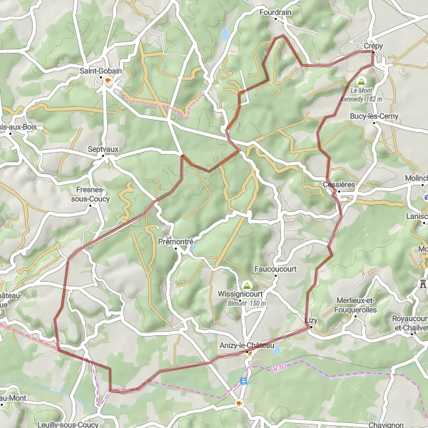 Miniature de la carte de l'inspiration cycliste "Défi de gravel de Lizy à Fourdrain" dans la Picardie, France. Générée par le planificateur d'itinéraire cycliste Tarmacs.app
