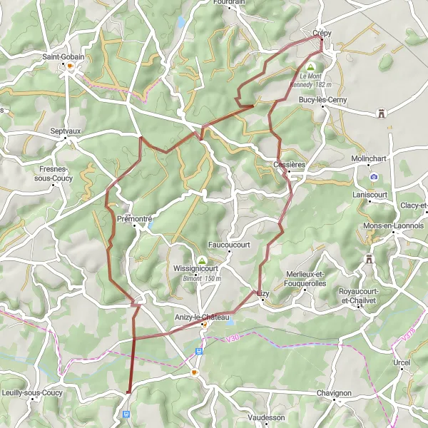 Miniature de la carte de l'inspiration cycliste "La Traversée de Cessières et Brancourt-en-Laonnois" dans la Picardie, France. Générée par le planificateur d'itinéraire cycliste Tarmacs.app