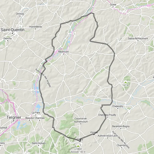 Map miniature of "Crépy to Vivaise Loop" cycling inspiration in Picardie, France. Generated by Tarmacs.app cycling route planner