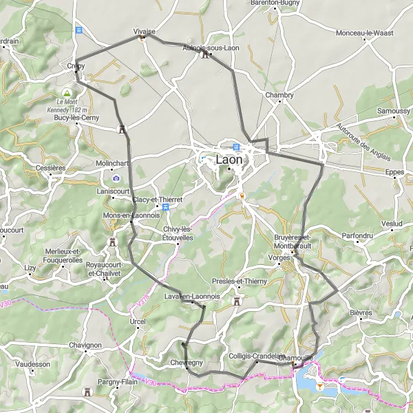 Miniature de la carte de l'inspiration cycliste "La Boucle de Vivaise et Chérêt en Route" dans la Picardie, France. Générée par le planificateur d'itinéraire cycliste Tarmacs.app