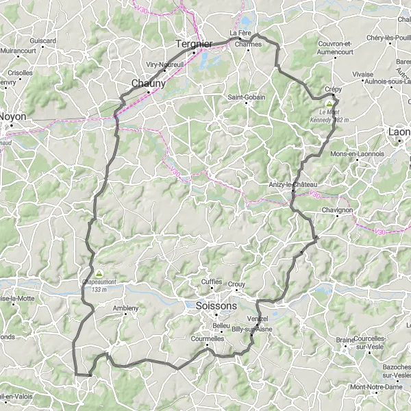 Miniature de la carte de l'inspiration cycliste "La Grande Aventure autour de Vic-sur-Aisne" dans la Picardie, France. Générée par le planificateur d'itinéraire cycliste Tarmacs.app