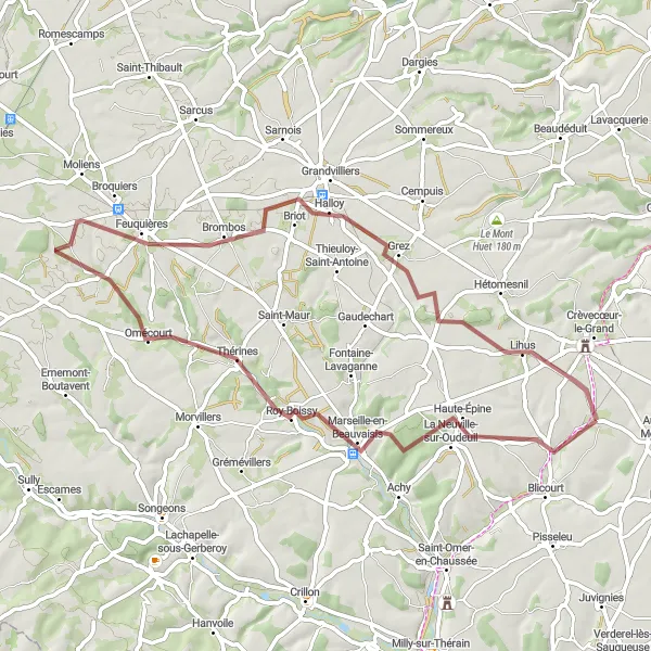 Miniature de la carte de l'inspiration cycliste "Bucolic Gravel Adventure in Picardie" dans la Picardie, France. Générée par le planificateur d'itinéraire cycliste Tarmacs.app