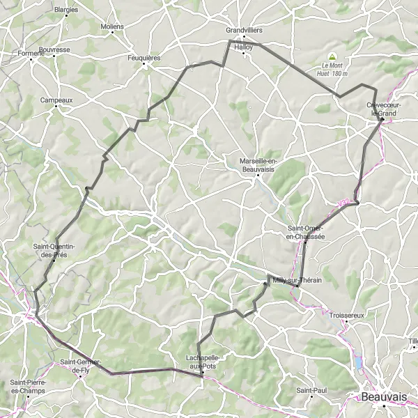 Map miniature of "Crèvecœur Adventure" cycling inspiration in Picardie, France. Generated by Tarmacs.app cycling route planner