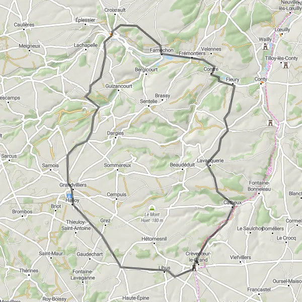 Map miniature of "Picardie Delight" cycling inspiration in Picardie, France. Generated by Tarmacs.app cycling route planner