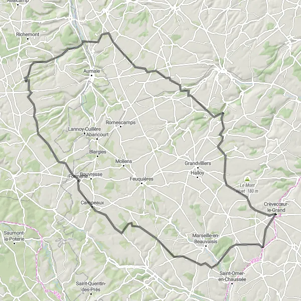 Miniature de la carte de l'inspiration cycliste "Aventure cycliste dans l'Oise" dans la Picardie, France. Générée par le planificateur d'itinéraire cycliste Tarmacs.app