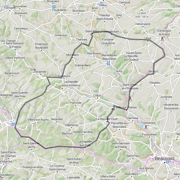 Map miniature of "The Enchanting Route" cycling inspiration in Picardie, France. Generated by Tarmacs.app cycling route planner