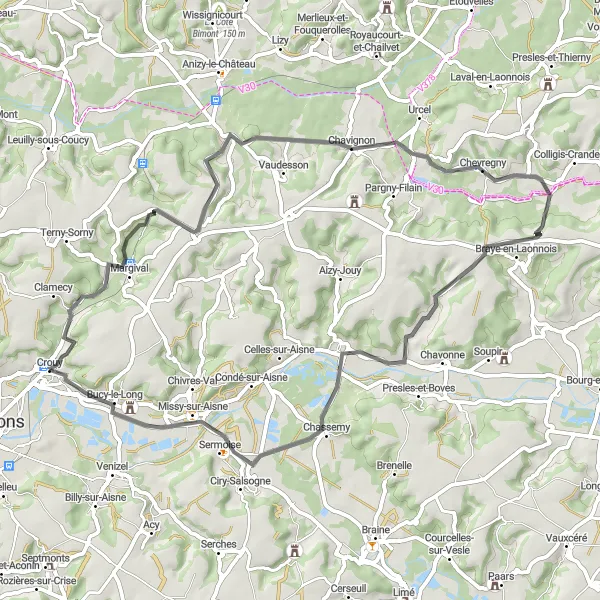 Miniature de la carte de l'inspiration cycliste "Boucle à vélo de Crouy à Vuillery" dans la Picardie, France. Générée par le planificateur d'itinéraire cycliste Tarmacs.app