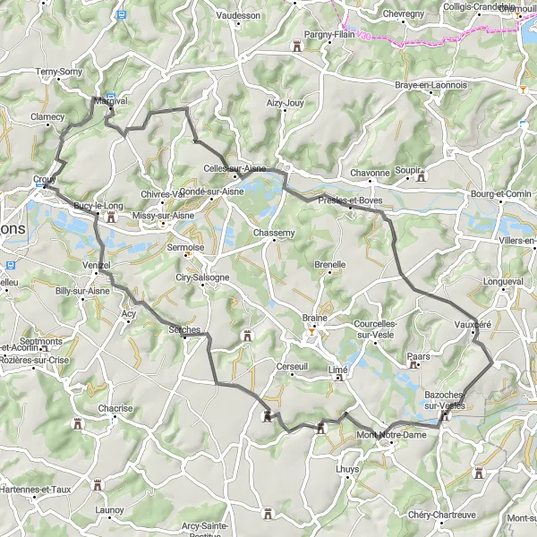 Miniature de la carte de l'inspiration cycliste "Route des Châteaux" dans la Picardie, France. Générée par le planificateur d'itinéraire cycliste Tarmacs.app