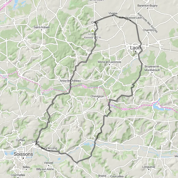 Miniature de la carte de l'inspiration cycliste "La Route des Châteaux Forts" dans la Picardie, France. Générée par le planificateur d'itinéraire cycliste Tarmacs.app