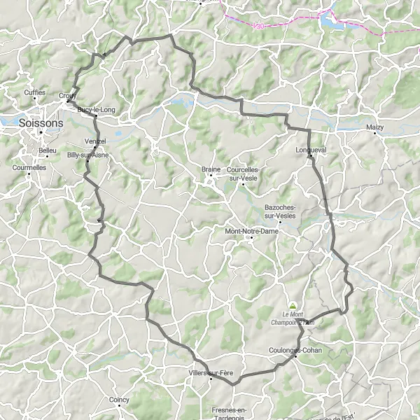 Miniature de la carte de l'inspiration cycliste "Les Chemins de la Mémoire" dans la Picardie, France. Générée par le planificateur d'itinéraire cycliste Tarmacs.app