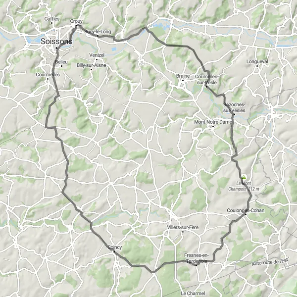 Map miniature of "The Condé-sur-Aisne Ride" cycling inspiration in Picardie, France. Generated by Tarmacs.app cycling route planner