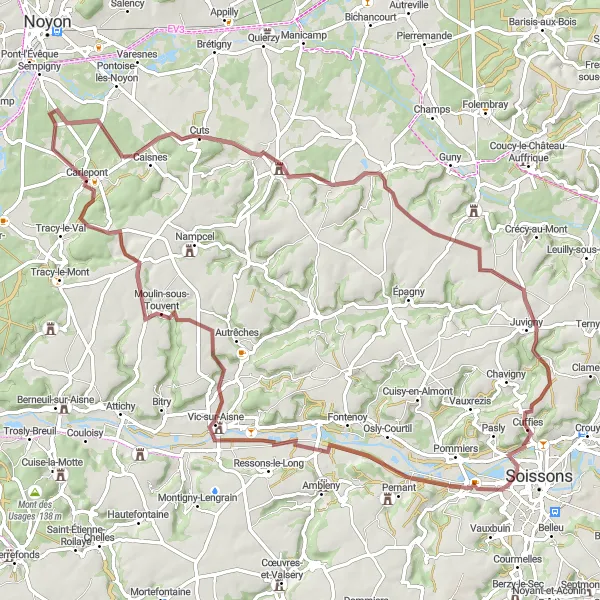 Miniature de la carte de l'inspiration cycliste "Des Graviers et des Collines" dans la Picardie, France. Générée par le planificateur d'itinéraire cycliste Tarmacs.app