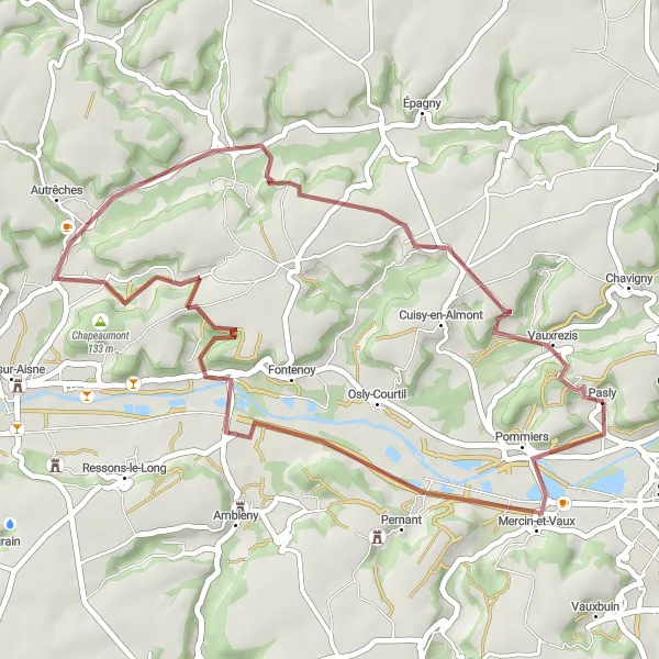 Miniature de la carte de l'inspiration cycliste "Parcours pittoresque autour de Mercin-et-Vaux" dans la Picardie, France. Générée par le planificateur d'itinéraire cycliste Tarmacs.app
