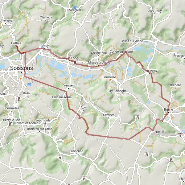 Map miniature of "Bucy-le-Long Gravel Route" cycling inspiration in Picardie, France. Generated by Tarmacs.app cycling route planner