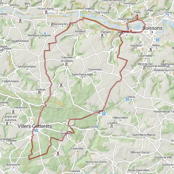 Miniature de la carte de l'inspiration cycliste "Boucle de Cuffies à Villers-Cotterêts" dans la Picardie, France. Générée par le planificateur d'itinéraire cycliste Tarmacs.app