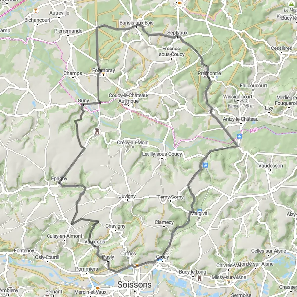 Miniature de la carte de l'inspiration cycliste "Les Routes de la Campagne" dans la Picardie, France. Générée par le planificateur d'itinéraire cycliste Tarmacs.app