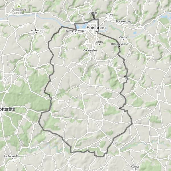 Miniature de la carte de l'inspiration cycliste "Itinéraire sportif vers Corcy" dans la Picardie, France. Générée par le planificateur d'itinéraire cycliste Tarmacs.app