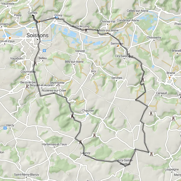 Miniature de la carte de l'inspiration cycliste "La Route des Châteaux" dans la Picardie, France. Générée par le planificateur d'itinéraire cycliste Tarmacs.app