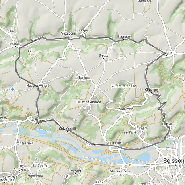 Miniature de la carte de l'inspiration cycliste "Boucle vers Chavigny en vélo de route" dans la Picardie, France. Générée par le planificateur d'itinéraire cycliste Tarmacs.app