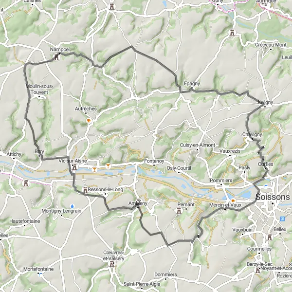 Miniature de la carte de l'inspiration cycliste "Boucle de Mercin-et-Vaux" dans la Picardie, France. Générée par le planificateur d'itinéraire cycliste Tarmacs.app