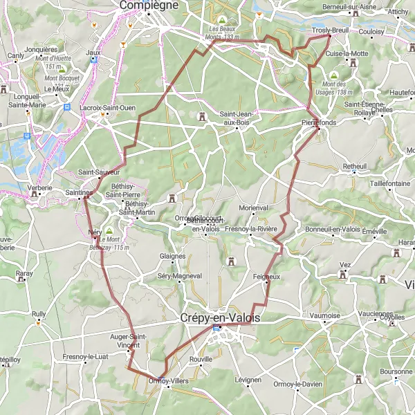 Miniature de la carte de l'inspiration cycliste "Les Châteaux de Pierrefonds et Néry" dans la Picardie, France. Générée par le planificateur d'itinéraire cycliste Tarmacs.app