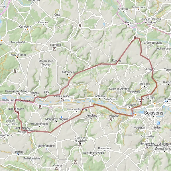 Miniature de la carte de l'inspiration cycliste "Trésors cachés de la campagne" dans la Picardie, France. Générée par le planificateur d'itinéraire cycliste Tarmacs.app