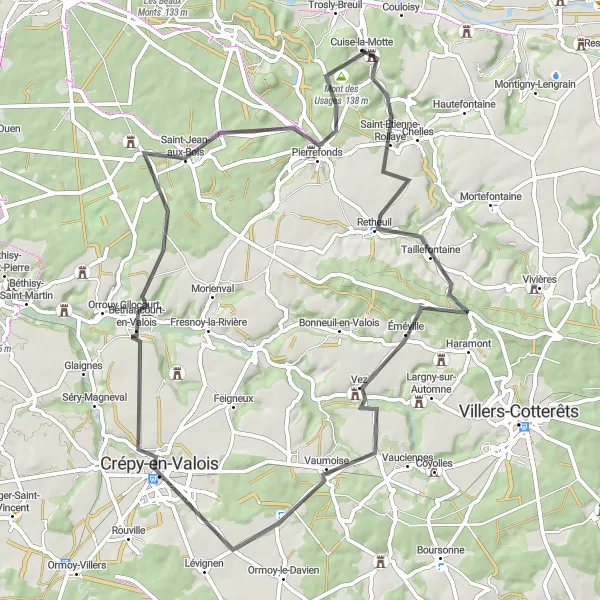 Miniature de la carte de l'inspiration cycliste "Boucle de Cuise-la-Motte vers Mont des Usages" dans la Picardie, France. Générée par le planificateur d'itinéraire cycliste Tarmacs.app