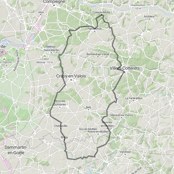 Miniature de la carte de l'inspiration cycliste "Les Routes Historiques de l'Oise" dans la Picardie, France. Générée par le planificateur d'itinéraire cycliste Tarmacs.app