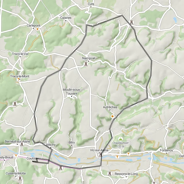 Miniature de la carte de l'inspiration cycliste "Tour pittoresque autour de Cuise-la-Motte" dans la Picardie, France. Générée par le planificateur d'itinéraire cycliste Tarmacs.app