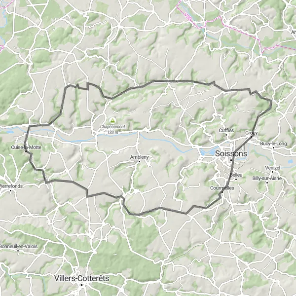 Miniature de la carte de l'inspiration cycliste "Parcours bucolique à travers la campagne picarde" dans la Picardie, France. Générée par le planificateur d'itinéraire cycliste Tarmacs.app