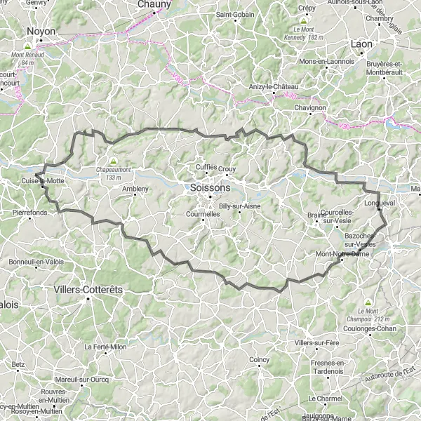 Miniature de la carte de l'inspiration cycliste "Parcours pittoresque à travers la campagne picarde" dans la Picardie, France. Générée par le planificateur d'itinéraire cycliste Tarmacs.app
