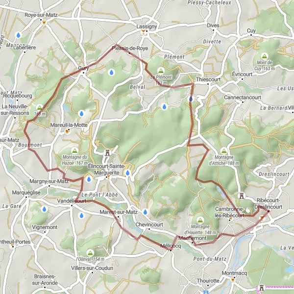 Miniature de la carte de l'inspiration cycliste "Les Chemins de Campagne" dans la Picardie, France. Générée par le planificateur d'itinéraire cycliste Tarmacs.app