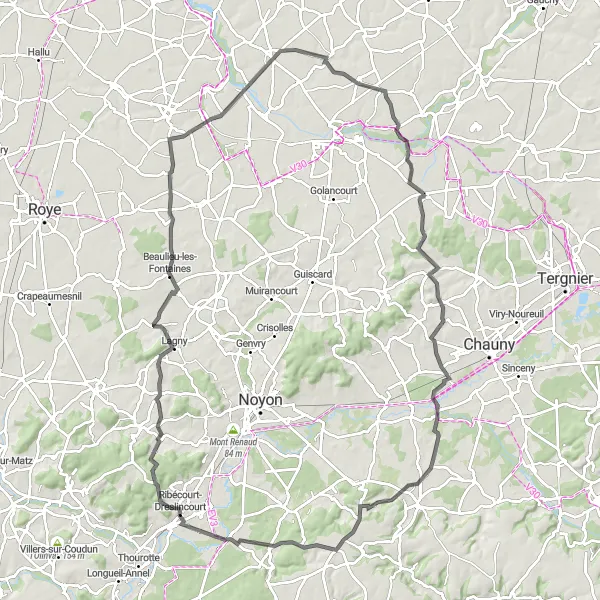 Miniature de la carte de l'inspiration cycliste "Les Coteaux de L'Oise" dans la Picardie, France. Générée par le planificateur d'itinéraire cycliste Tarmacs.app