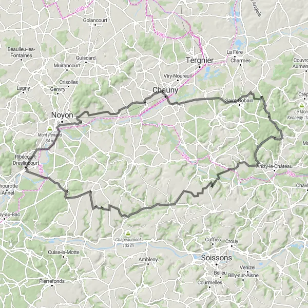 Miniature de la carte de l'inspiration cycliste "Parcours routier vers Jumencourt" dans la Picardie, France. Générée par le planificateur d'itinéraire cycliste Tarmacs.app