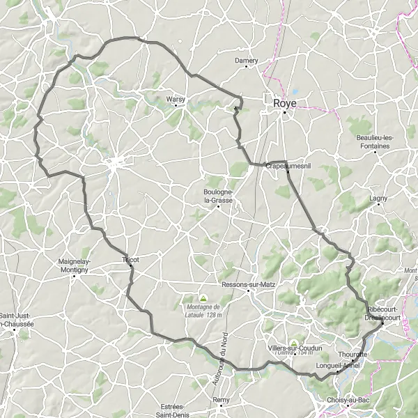 Map miniature of "Historic Route" cycling inspiration in Picardie, France. Generated by Tarmacs.app cycling route planner
