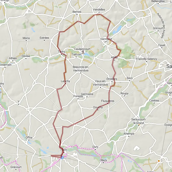 Miniature de la carte de l'inspiration cycliste "Parcours de gravel de 55 km près d'Eppeville" dans la Picardie, France. Générée par le planificateur d'itinéraire cycliste Tarmacs.app