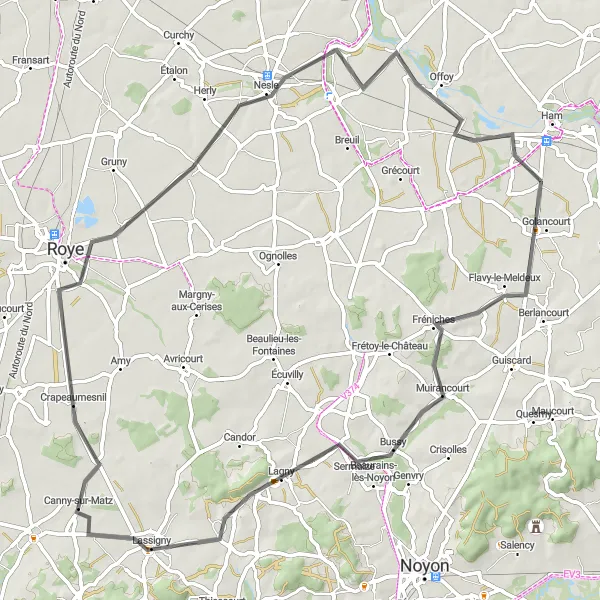 Map miniature of "A Tour through Nature and History" cycling inspiration in Picardie, France. Generated by Tarmacs.app cycling route planner
