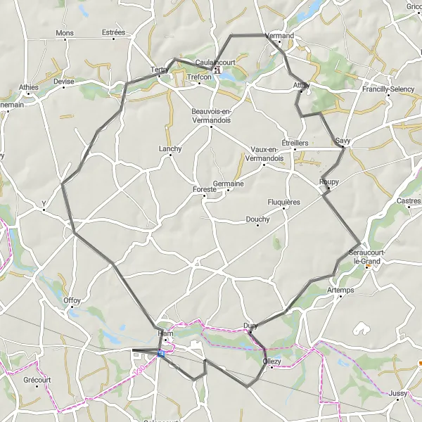 Map miniature of "Exploring the Somme Valley" cycling inspiration in Picardie, France. Generated by Tarmacs.app cycling route planner