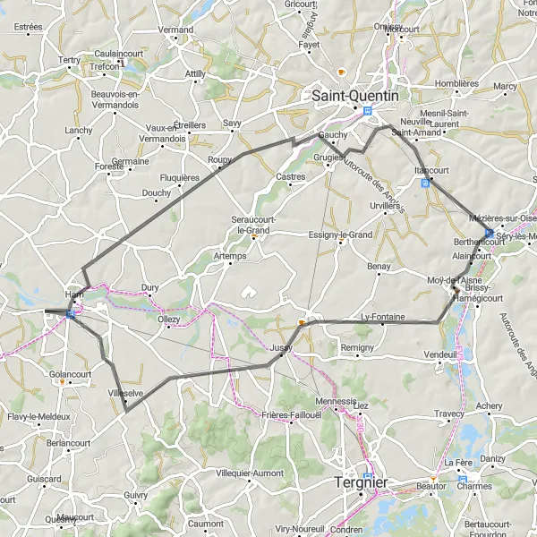 Map miniature of "The Picardie Loop" cycling inspiration in Picardie, France. Generated by Tarmacs.app cycling route planner