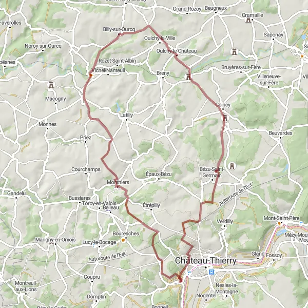 Miniature de la carte de l'inspiration cycliste "Boucle des Châteaux en Gravel" dans la Picardie, France. Générée par le planificateur d'itinéraire cycliste Tarmacs.app