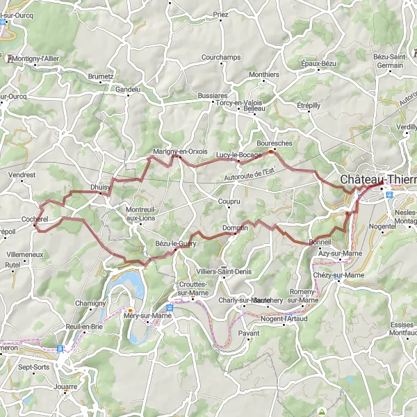 Miniature de la carte de l'inspiration cycliste "Château-Thierry et ses environs" dans la Picardie, France. Générée par le planificateur d'itinéraire cycliste Tarmacs.app