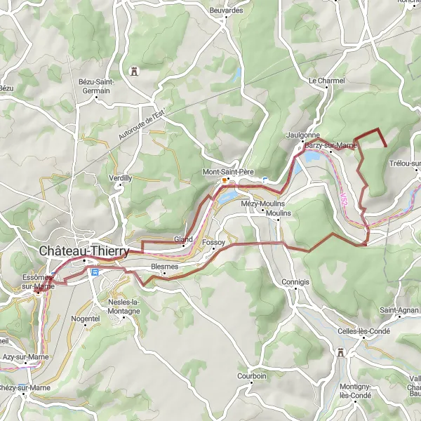 Miniature de la carte de l'inspiration cycliste "Parcours Scénique de Barzy-sur-Marne" dans la Picardie, France. Générée par le planificateur d'itinéraire cycliste Tarmacs.app