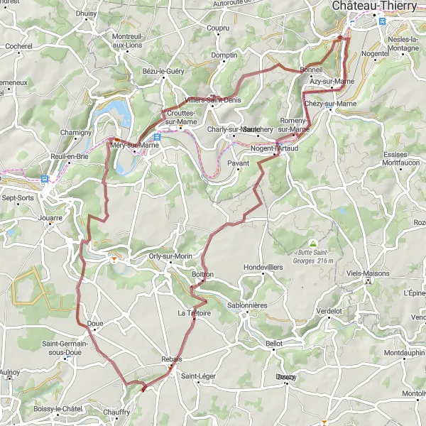 Map miniature of "Gravel Adventure in Essômes-sur-Marne" cycling inspiration in Picardie, France. Generated by Tarmacs.app cycling route planner