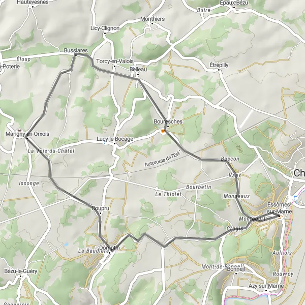 Map miniature of "Marne Vallees" cycling inspiration in Picardie, France. Generated by Tarmacs.app cycling route planner