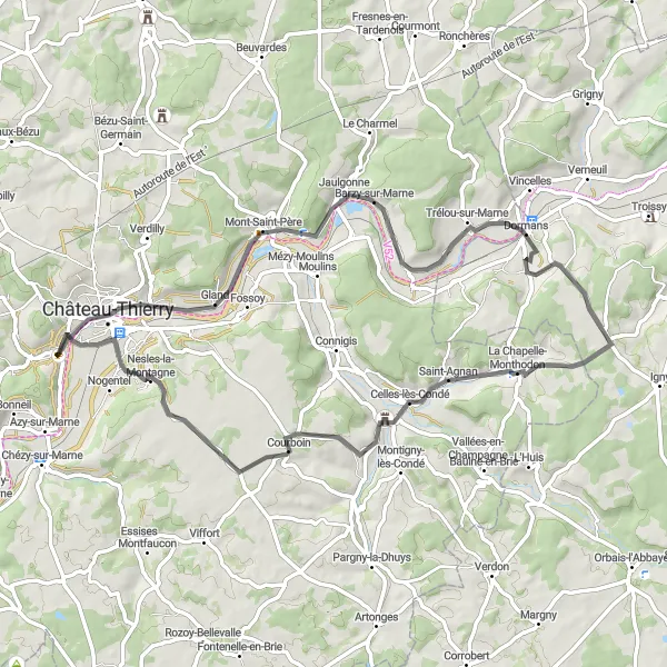 Miniature de la carte de l'inspiration cycliste "Circuit de la Vallée de la Marne" dans la Picardie, France. Générée par le planificateur d'itinéraire cycliste Tarmacs.app