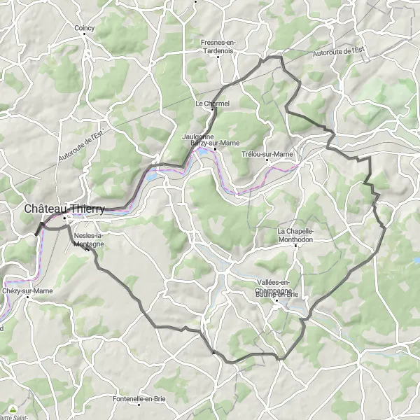 Miniature de la carte de l'inspiration cycliste "Tour des Vallées et Collines" dans la Picardie, France. Générée par le planificateur d'itinéraire cycliste Tarmacs.app